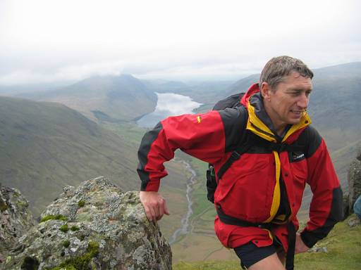 14_06-1.jpg - Steve at the top of the scramble. Too steep for me - I'll stick to the gentler scramble round the other side of Great Gable.