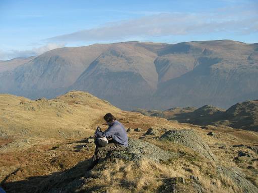 12_32-1.jpg - Chris has joined us again! Views towards Hellvellyn over Thirlmere. Based on the weather forecast I had brought extra warm clothing, so of course, all I actually need is sun cream!